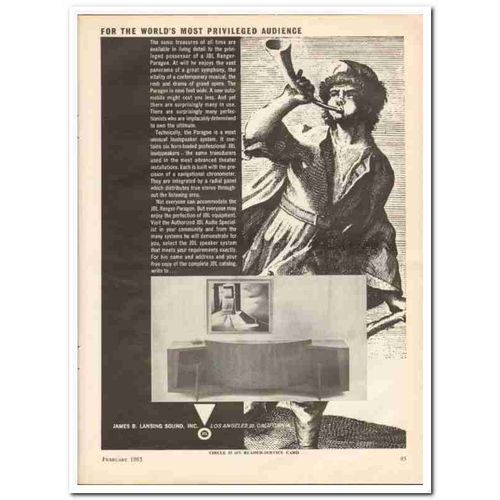 JAMES B LANSING SOUND INC 1963 JBL Ranger-Paragon speaker vintage ad