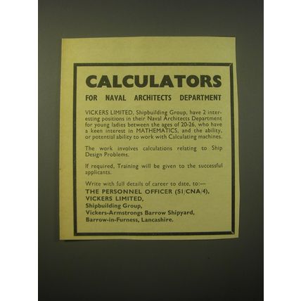 1966 Vickers Limited Ad - Calculators for Naval Architects Department