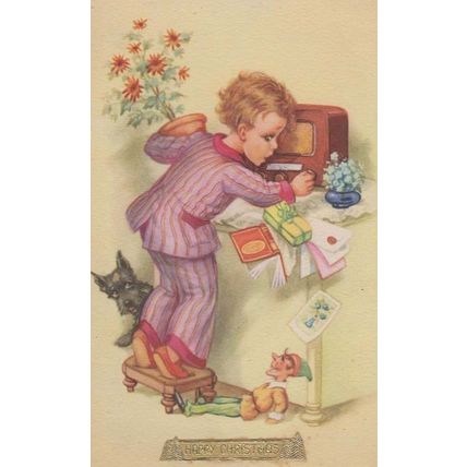 Boy In Striped Pyjamas + Antique Gramophone Radio Christmas Message Postcard