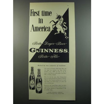 1955 Guinness Ad - Brite Lager Beer, Brite Ale - First Time in America