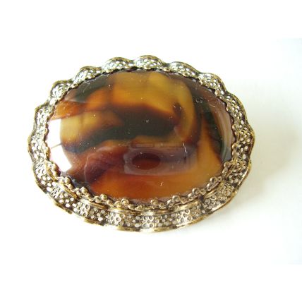 Vintage Brooch Czech Filigree Marbled Faux Banded Agate Bohemian Glass Sash Pin