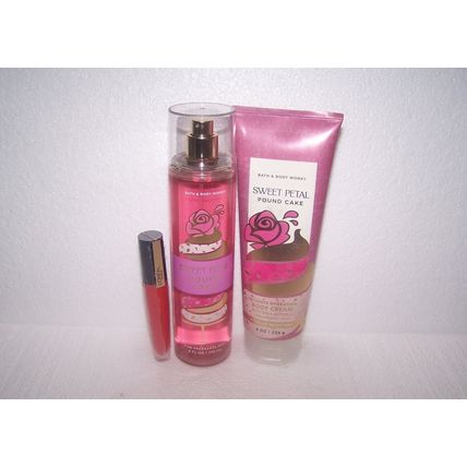 Bath & Body Works Sweet Petal Pound Cake 3 Piece Set - Cream, Mist, L'oreal Red