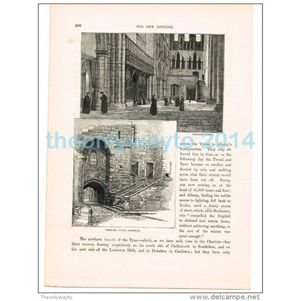HEXHAM ABBEY & TOWN GATE, NORTHUMBERLAND, ENGLAND, BOOK ILLUSTRATION, 1882
