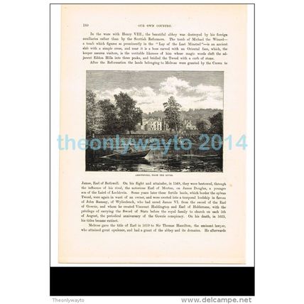 ABBOTSFORD FROM THE RIVER, MELROSE, SCOTLAND, BOOK ILLUSTRATION, 1882