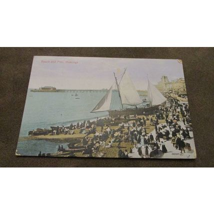 Early fr Postcard - Beach Scene with boat - Hastings, Sussex