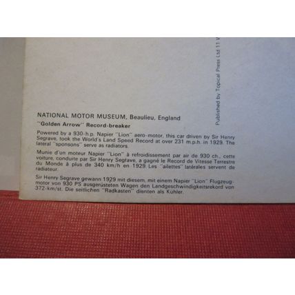'GOLDEN ARROW' record breaker car Beaulieu postcard National Motor Museum =