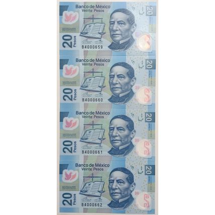 Mexico UNCIRCULATED $20 Pesos polymer 2018 Benito Juárez. Lot of 4 consecutive