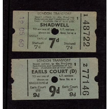 London Transport Tickets - Shadwell 7d & Earls Court 9d - 1960s