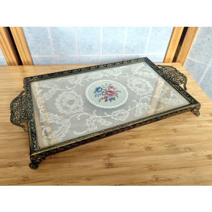Vintage Petit Point Bedroom Vanity Tray, Brass Filigree, Embroidery, Antique