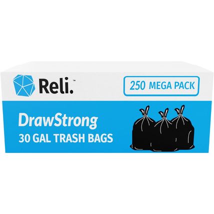 Reli. 30 Gallon Trash Bags Drawstring | 250 Count Bulk | Black | 30 Gallon Garba