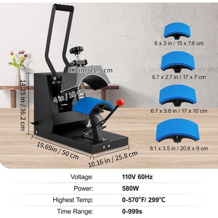VEVOR 4-In-1 Heat Press Machine for Hats with 6X3Inches Curved Teflon-Coated Hea