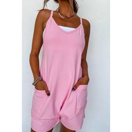 Pink Spaghetti Straps V Neck Jersey Romper