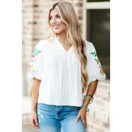 White Floral Embroidered Puff Sleeve Notched Neck Blouse