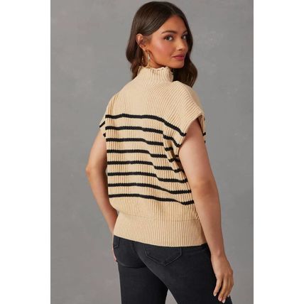 Parchment Striped Ribbed Knit High Neck Sweater