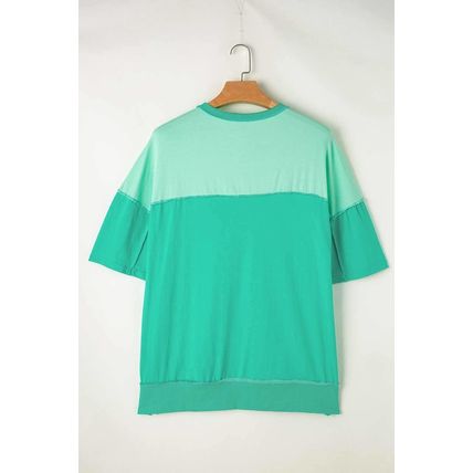 Bright Green Contrast Color Patchwork Half Button T Shirt