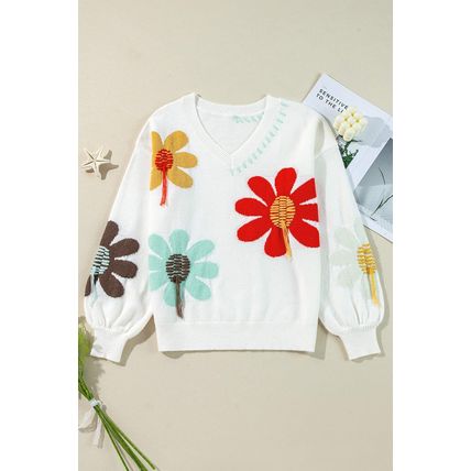 White Big Flower Pattern V Neck Drop Shoulder Sweater