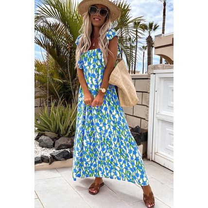Blue Floral Print Square Neck Ruffled Strap Maxi Dress