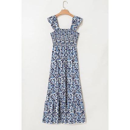 Sky Blue Boho Print Smocked High Waist Maxi Dress