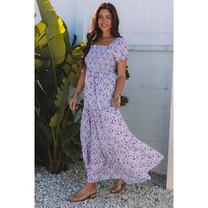 Purple Floral Short Bubble Sleeve Shirred High Waist Maxi Dress
