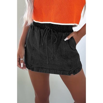 Black Drawstring High Waist Pocketed Denim Shorts