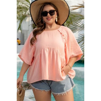 Apricot Pink Plus Size Textured Wide Short Sleeve Babydoll Blouse