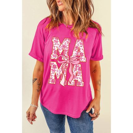 Rose Red Floral MAMA Lettering Bow Print T Shirt