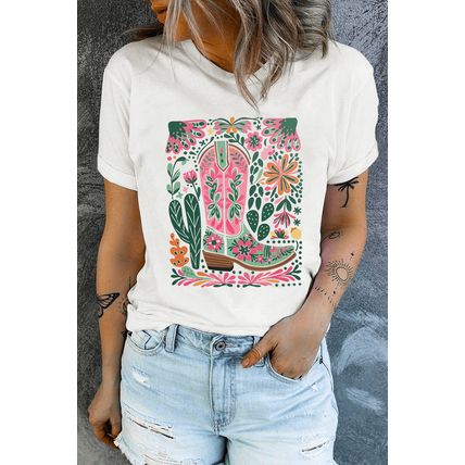 White Western Boot Flower Print Crew Neck Loose Tee