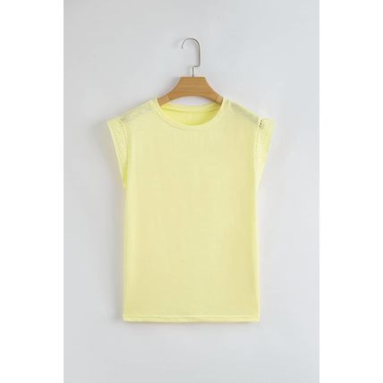 Yellow Cream Lace Patchwork Cap Sleeve Round Neck T Shirt