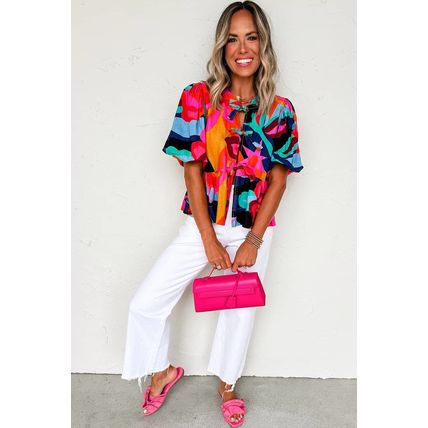 Red Abstract Floral Print Front Tied Puff Sleeve Babydoll Blouse