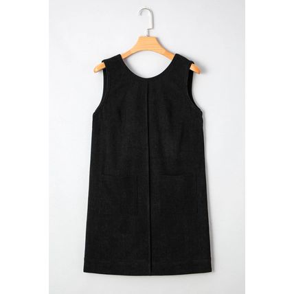 Black Corduroy Sleeveless Mini Dress With Patched Pockets