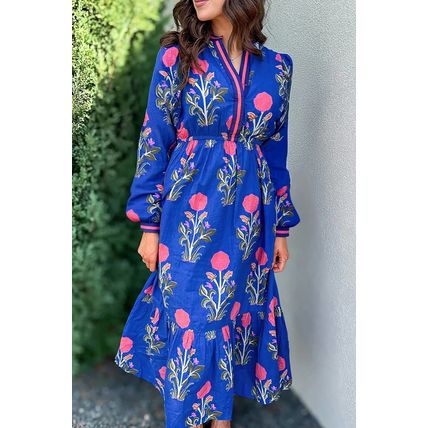 Blue Floral Print Striped Trim Split Neck Long Sleeve Ruffle Hem Midi Dress