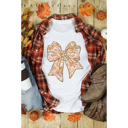 White Glitter Trim Floral Bow Print Cotton Blend T Shirt