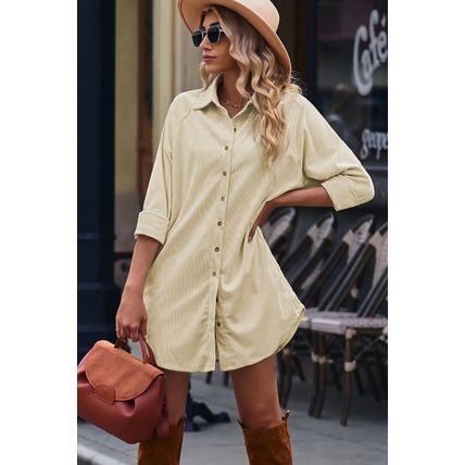 Beige Corduroy Shirt Style Full Button Long Sleeve Shift Mini Dress