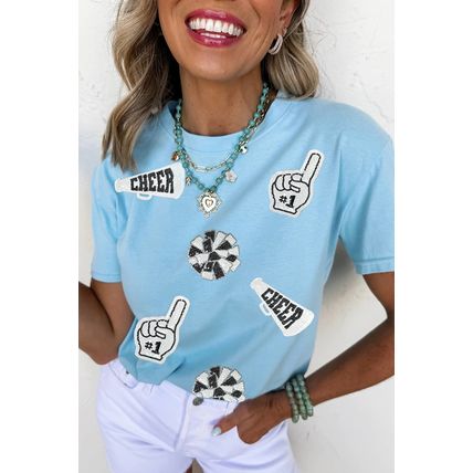 Light Blue Cheer Game Day Element Sequin Patched T Shirt