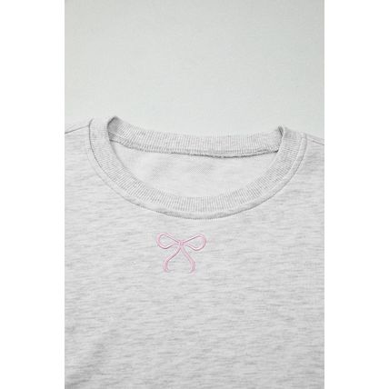 Light Grey Girly Bow Embroidered Detail Puff Sleeve Pullover 2pcs Short Set