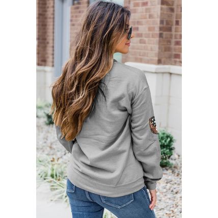Gray Sequin Baseball Patched Casual Sweatshirt