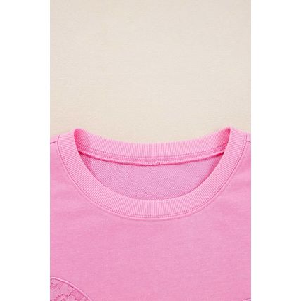 Pink Big Bow Lace Embroidered Dolman Sleeve Slit Plus Size Sweatshirt