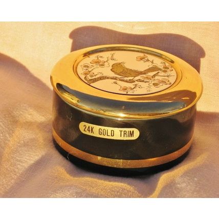 Chokin Black Jewelry Trinket Box Floral Gold Trim Japan