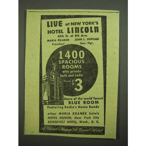 1942 Hotel Lincoln Ad - Live at New York's Hotel