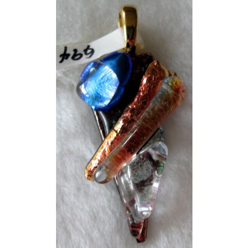 Blue/Rust Dichroic Fused Glass Dimensional Pendant, gold bail, id:g94