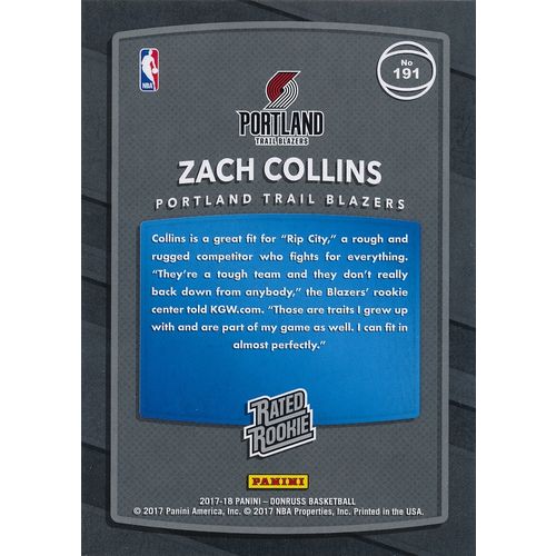 2017-18 Donruss Rated Rookie 191 Zach Collins RC Portland Trail Blazers