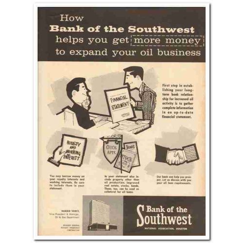 BANK OF THE SOUTHWEST 1959 More money expand oil business vintage ad