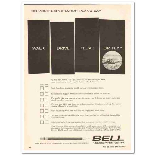 BELL HELICOPTER 1959 Exploration Plans walk drive float fly vintage ad