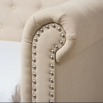 Chesterfield Twin Trundle Beige or Gray Fabric Daybed Silver Nail Head Trim