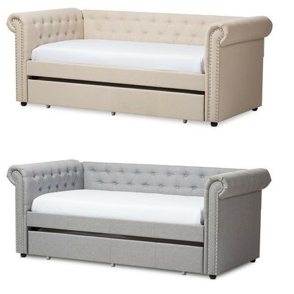 Chesterfield Twin Trundle Beige or Gray Fabric Daybed Silver Nail Head Trim