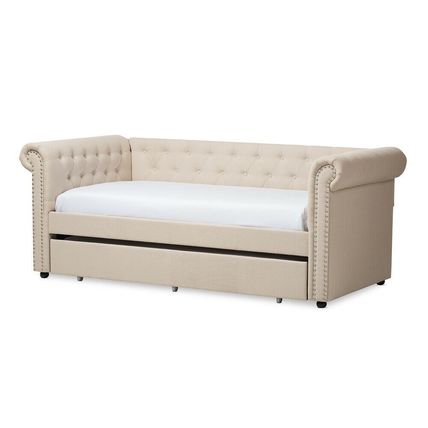 Chesterfield Twin Trundle Beige or Gray Fabric Daybed Silver Nail Head Trim