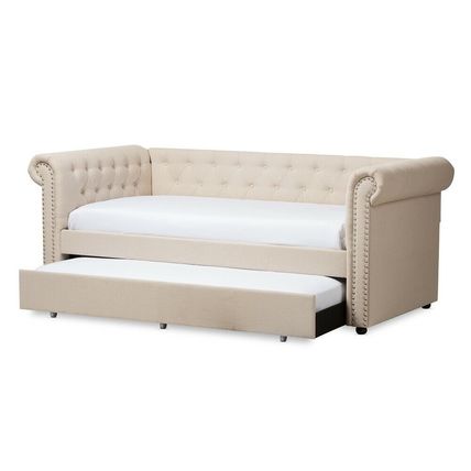 Chesterfield Twin Trundle Beige or Gray Fabric Daybed Silver Nail Head Trim