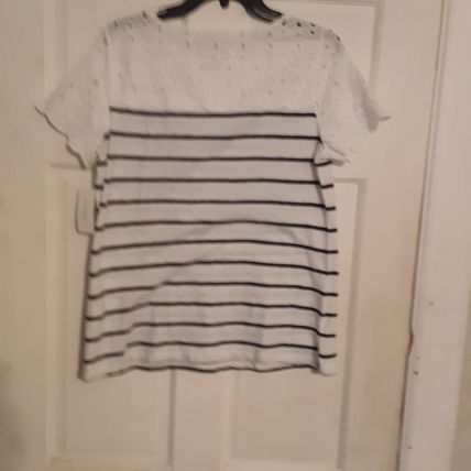 charter club striped embroidered lace top T- shirt, M Blue Combo