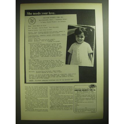 1974 Christian Children's Fund Advertisement - She needs your love