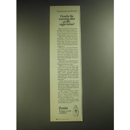 1974 Zonite Douche Ad - Douch the morning after ..or the night before?